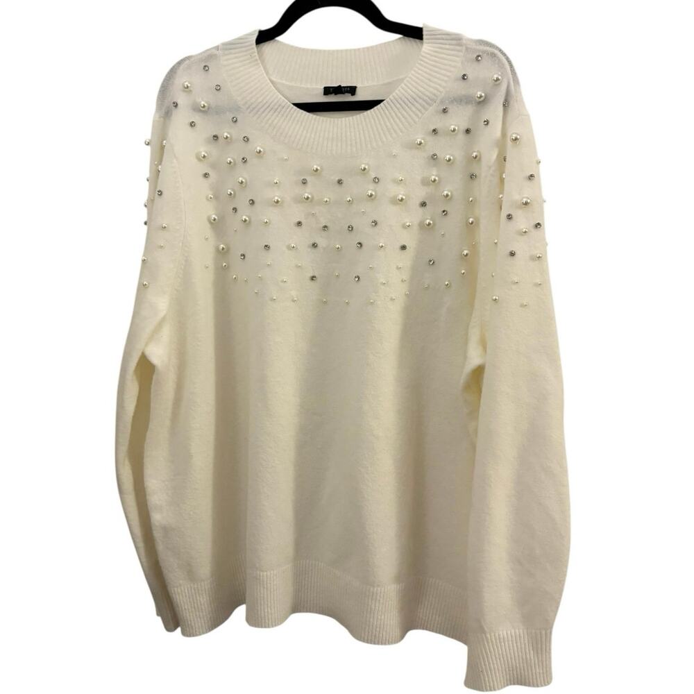 Talbots Plus Cream Sweater With Pearl & Rhinestone Accents 1X Classic Holidays